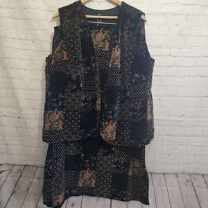 Vtg 70s Handmade Velvet Floral Patchwork Skirt And Vest Set 2x Cottagecore Boho